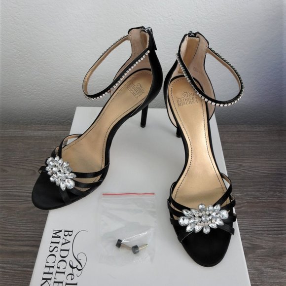 Badgley Mischka Shoes - Mischka " Star " Black Satin with Rhinestones High Heels Open Toe Closed Heel